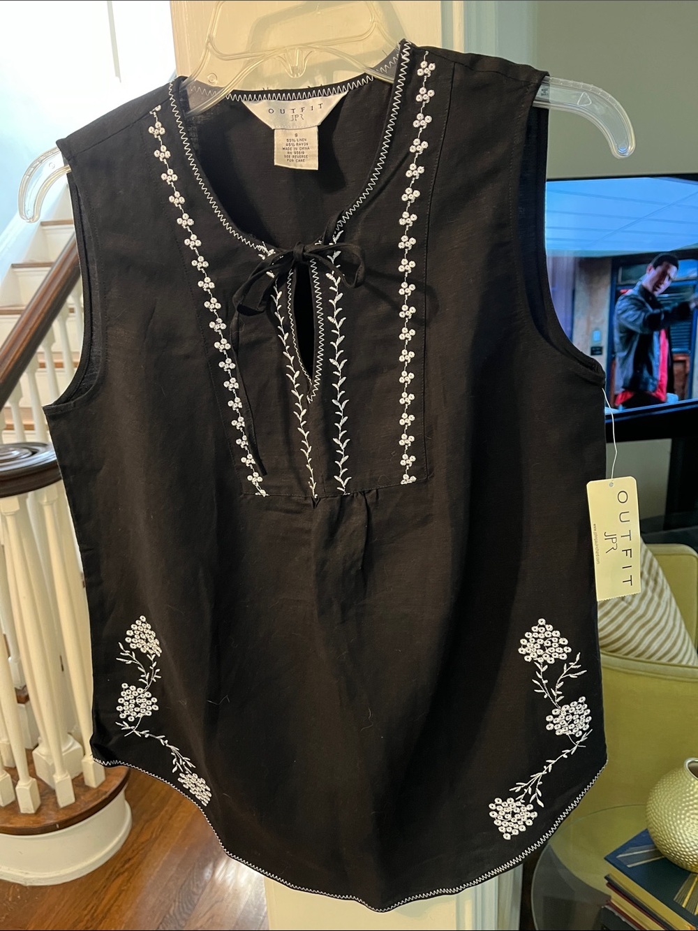 NWT Black Sleeveless Embroidered Tie-Neck Top